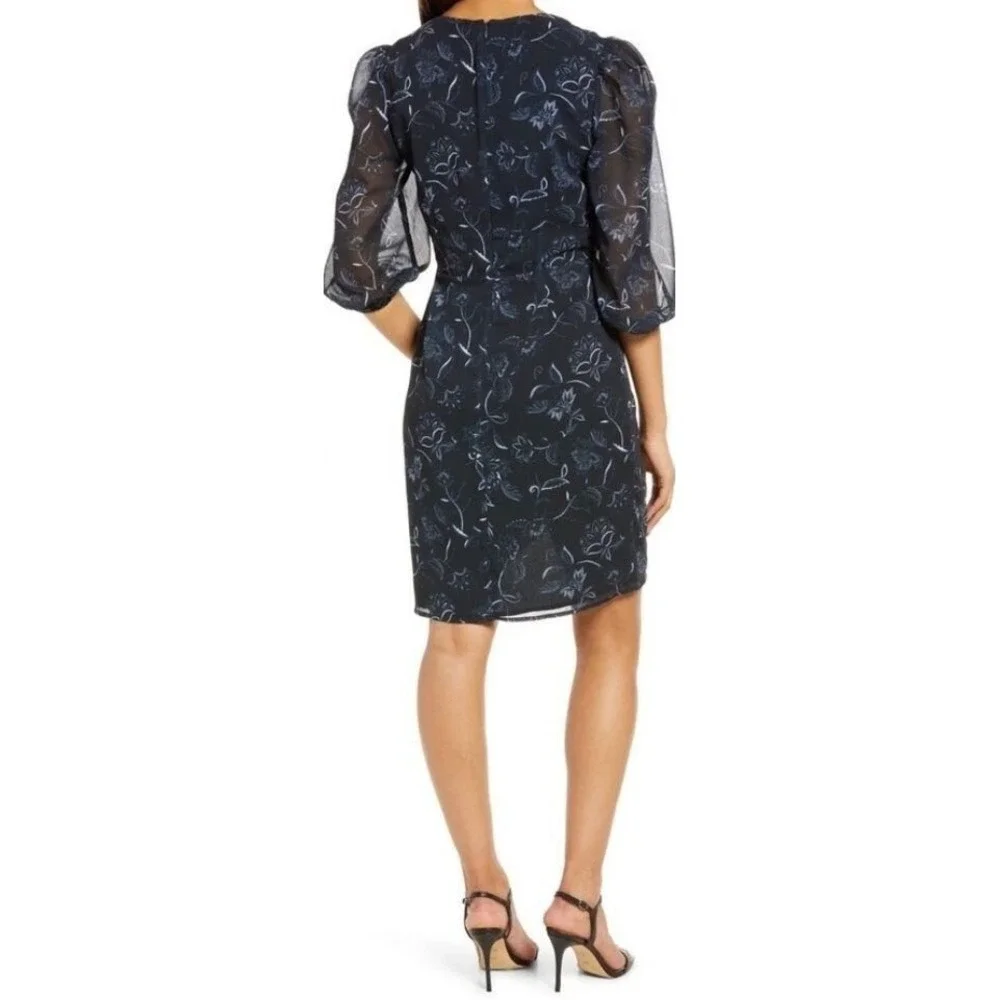 NEW $99 Halogen Womens Small Faux Wrap Floral Dress Chiffon In Bali Black‎